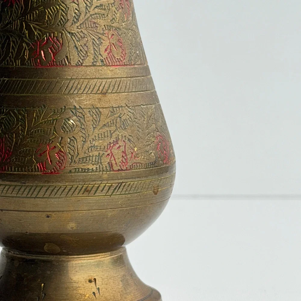 Vintage Etched Brass Vase Gold Red Floral Boho Hand‎ Crafted India Old World